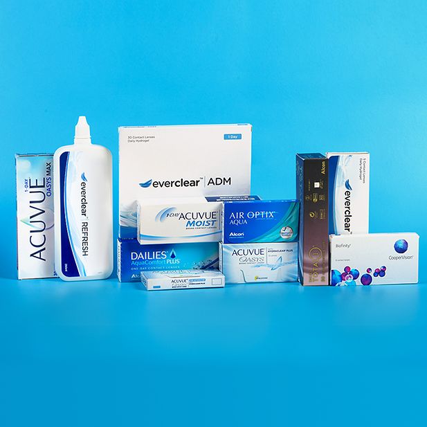 Selección de lentes de contacto y líquidos disponibles en Vision Direct. 