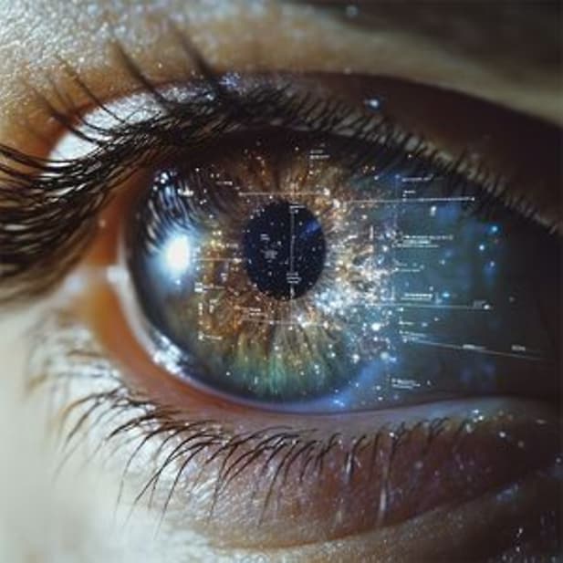 Ojo humano en primer plano con datos digitales y el reflejo de una galaxia que simboliza la tecnología del futuro 