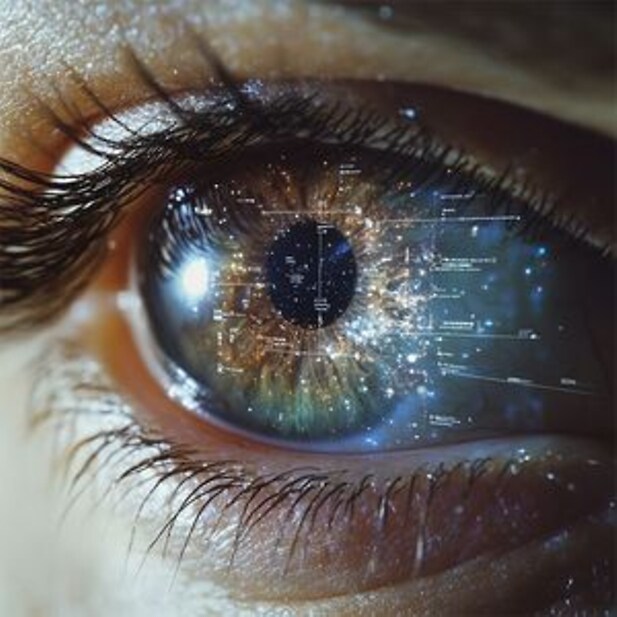 Ojo humano en primer plano con datos digitales y el reflejo de una galaxia que simboliza la tecnología del futuro 