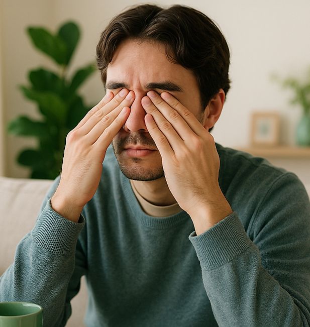 Chico sentado en el sofá frotándose los ojos