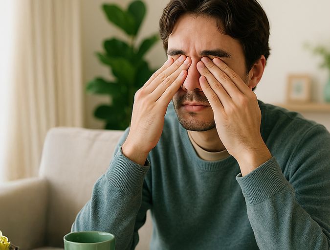 Chico sentado en el sofá frotándose los ojos