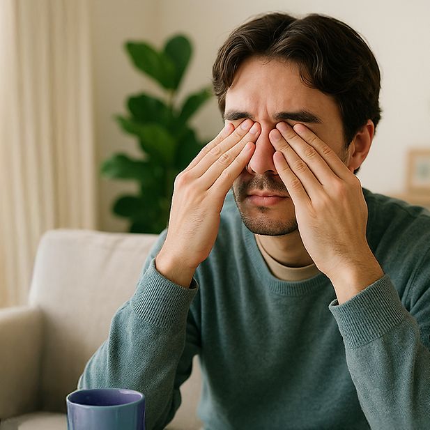 Chico con las manos sobre los ojos