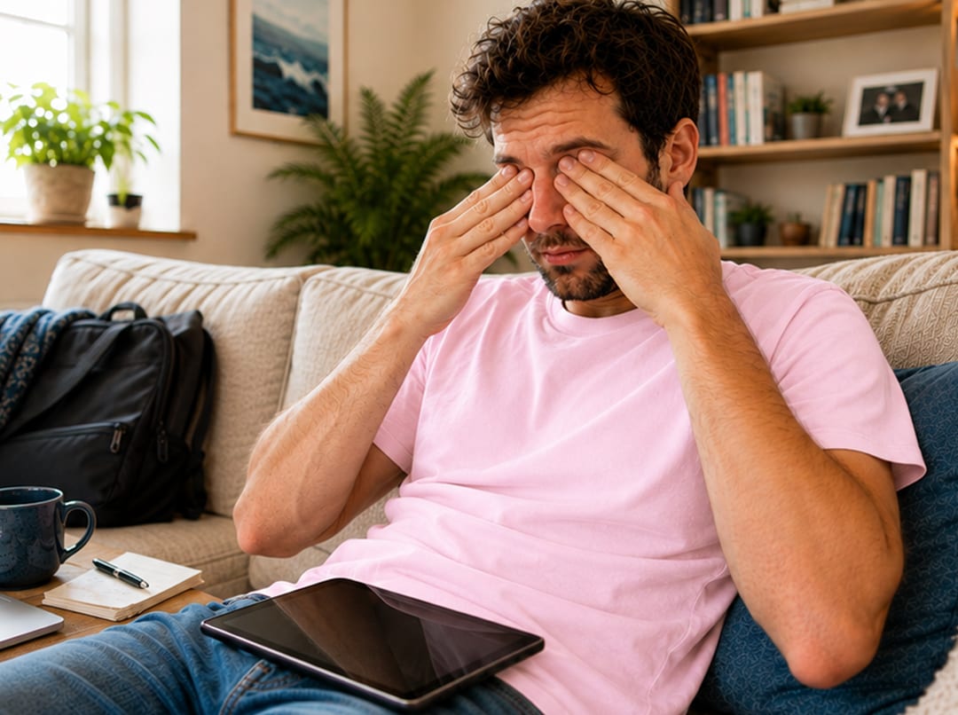 Hombre frotándose los ojos secos e irritados en el sofá