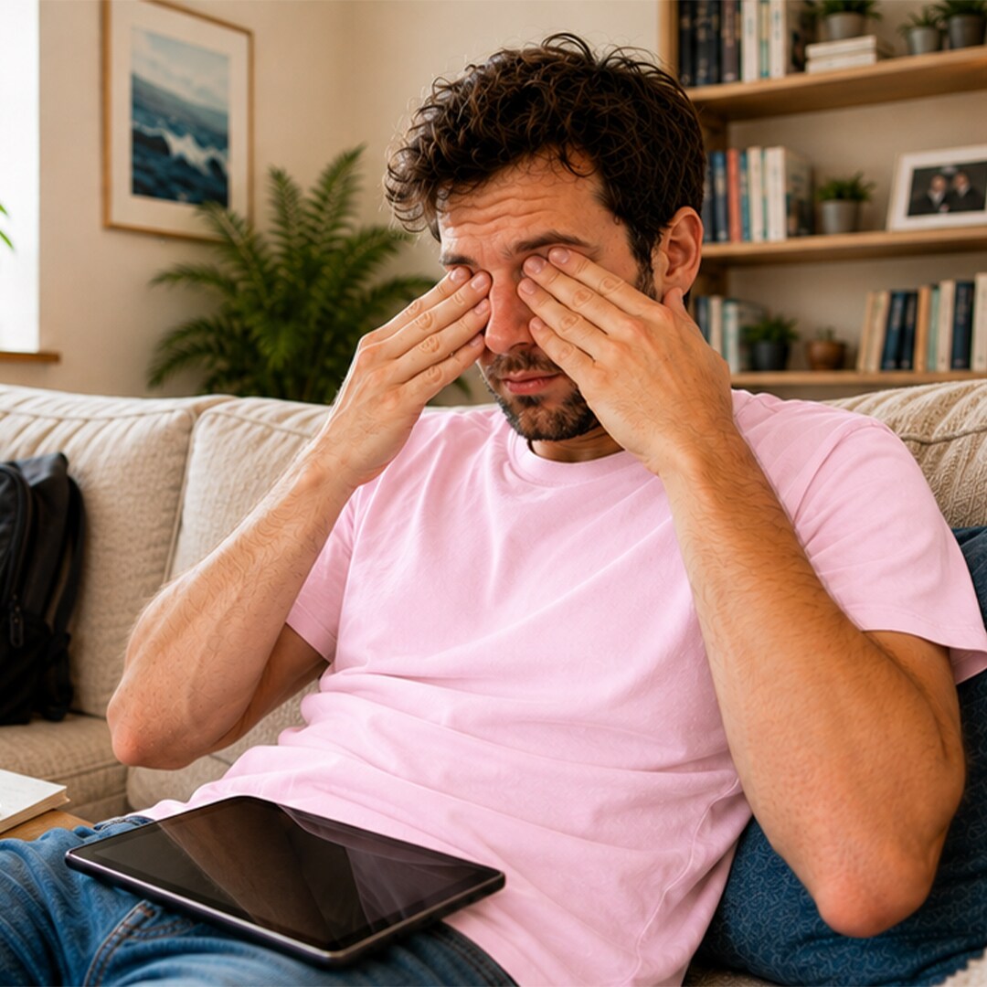 Hombre frotándose los ojos secos e irritados en el sofá