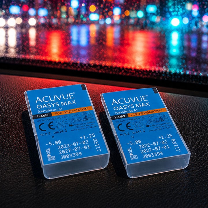 Cajas de lentillas Acuvue Oasys Max guardadas en el compartimento central del coche