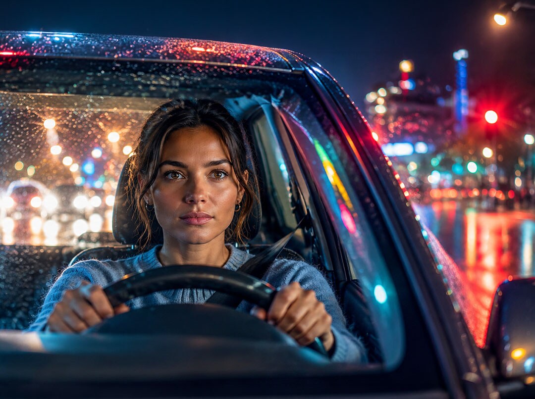 Mujer conduciendo de noche bajo la lluvia, con luces de la ciudad reflejadas en el parabrisas
